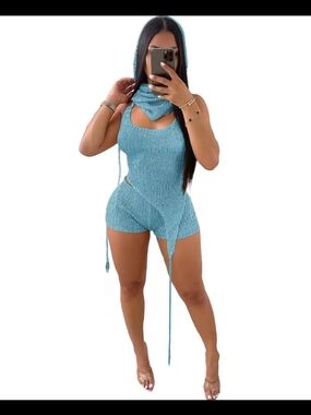 Light Blue Knit Two-Piece Romper Set with Hooded Scarf
